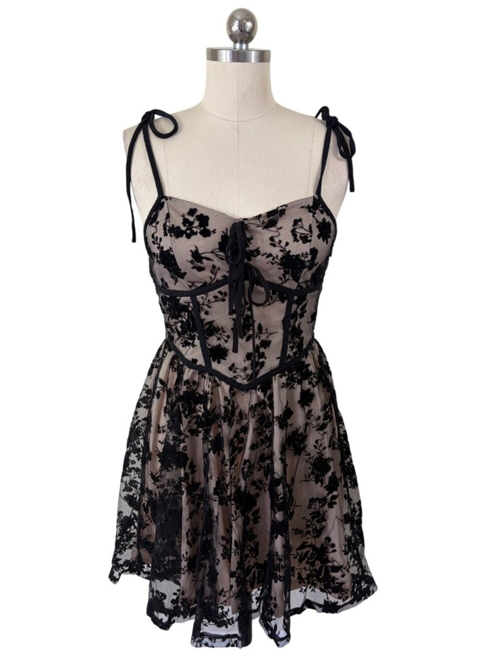 Y2K Whimsigoth Dark Romantic Flocked Velvet Pattern Mini Corset Dress Black XS
